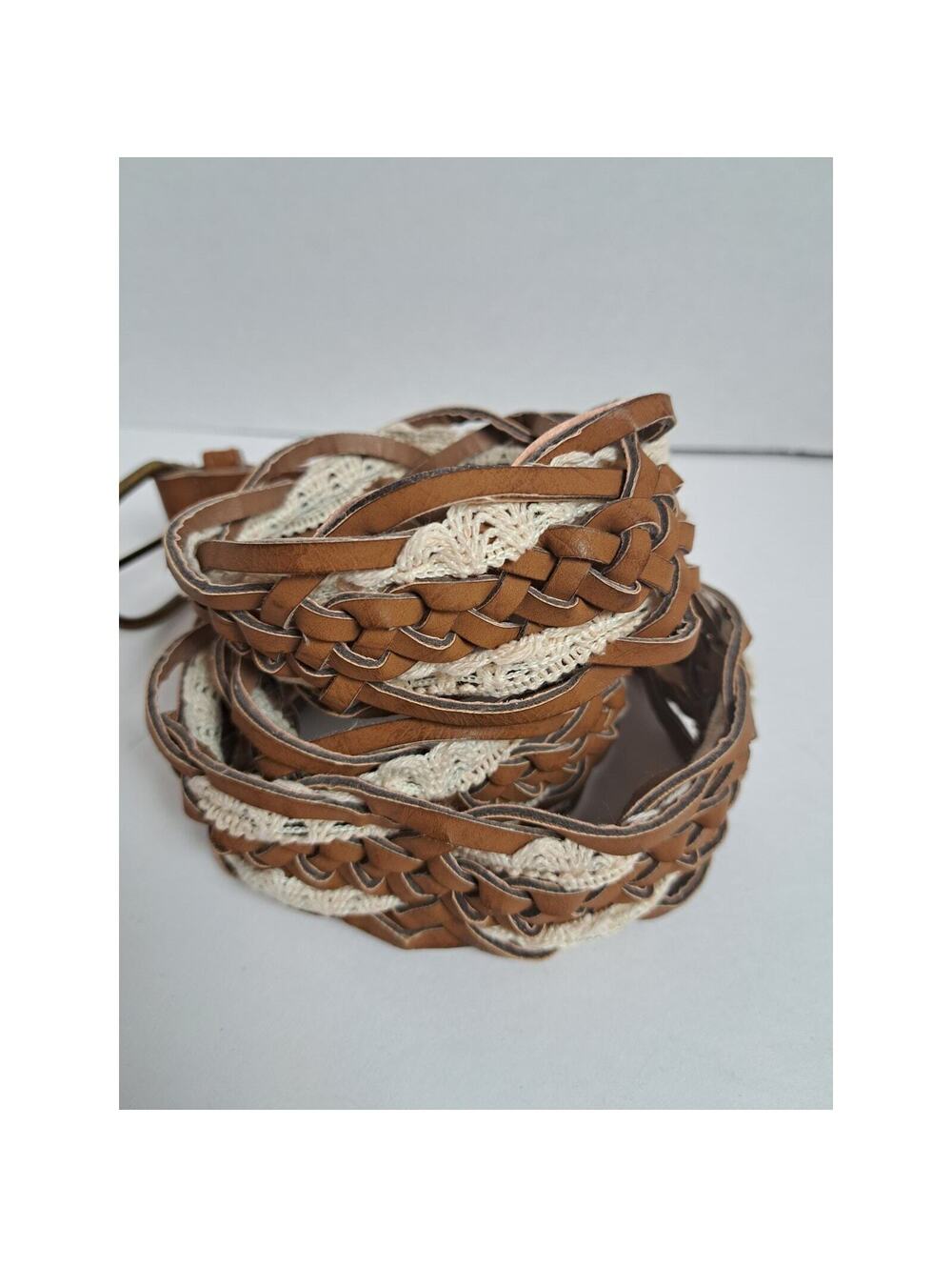Womens Braided Belt Sz 13 Brown Leather Woven Lace Detail Bohemian Cottage Core
